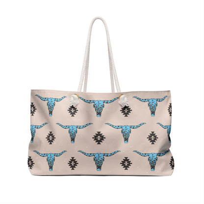 Western Turquoise Longhorn Cow Aztec Tote Weekender Bag, Extra Large, Punchy, Western Luggage, Travel Bag, Country
