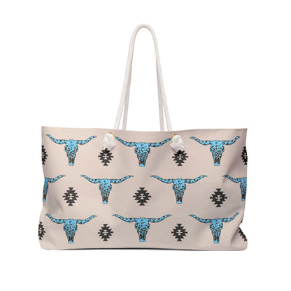 Western Turquoise Longhorn Cow Aztec Tote Weekender Bag, Extra Large, Punchy, Western Luggage, Travel Bag, Country