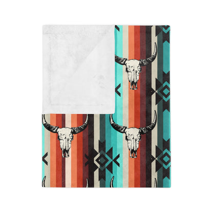 Aztec Cow Skull, Cattle, Western, Velveteen Microfiber Blanket
