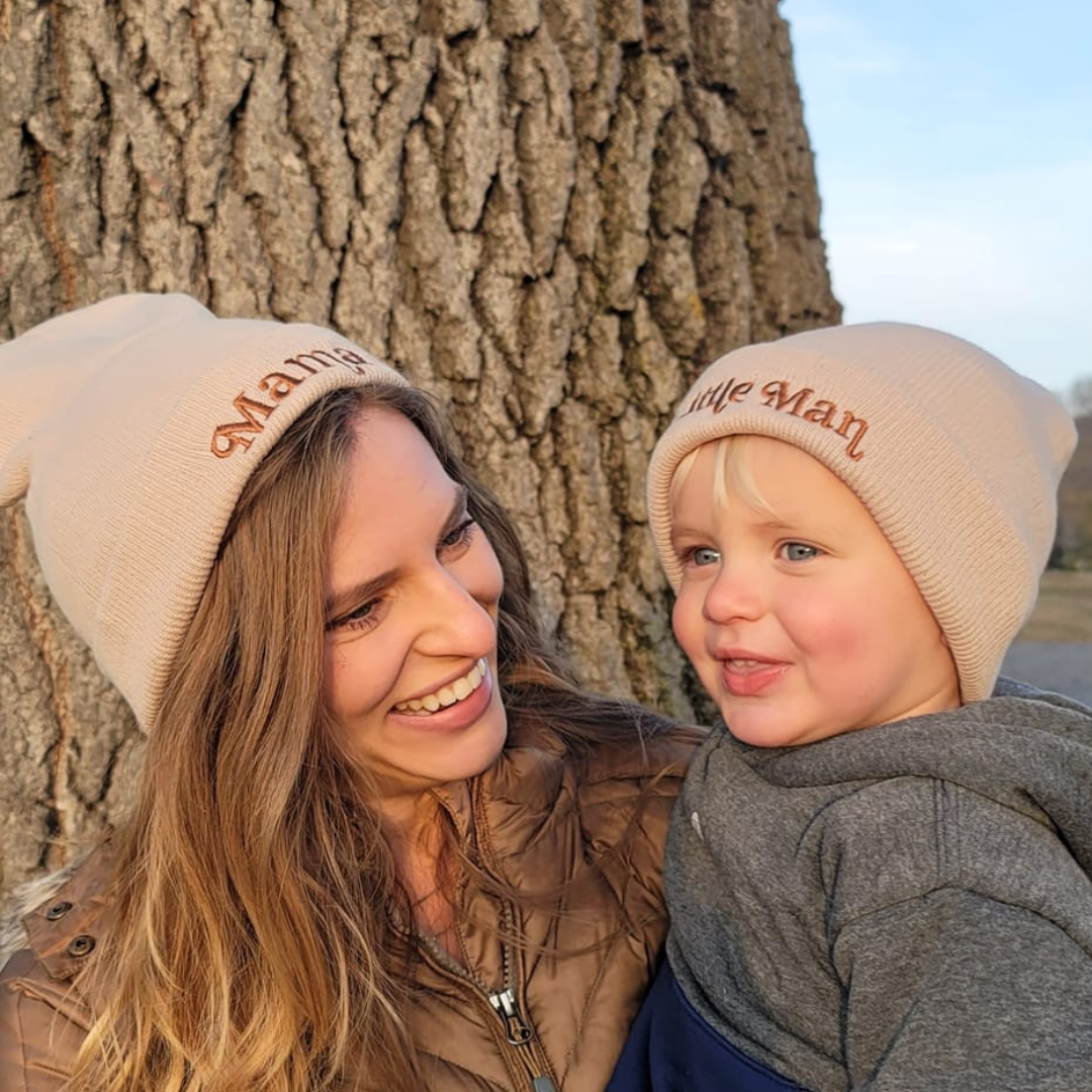 Matching Embroidered Knit Hats- Mama- Beige