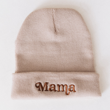 Matching Embroidered Knit Hats- Mama- Beige