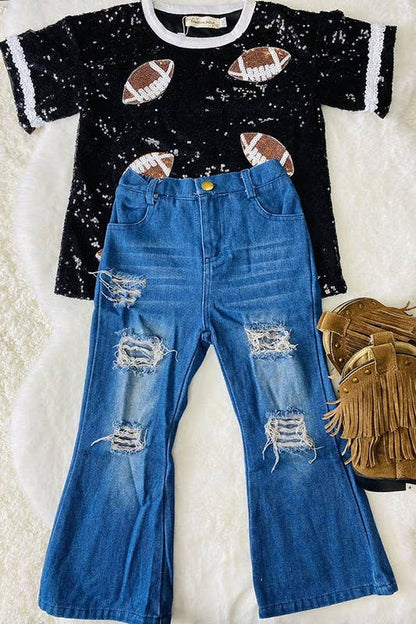 Sequin Football - Short Sleeve Youth Girls Top