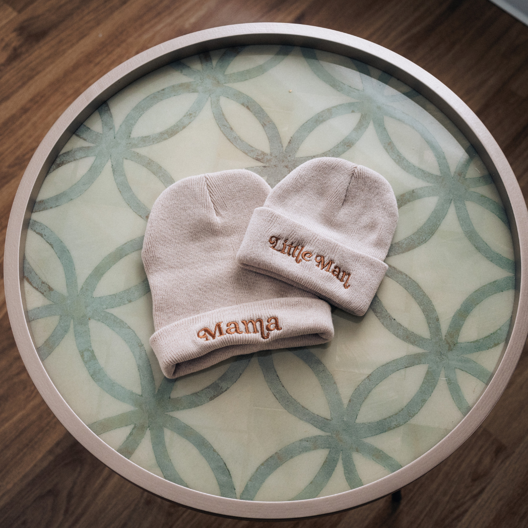 Matching Embroidered Knit Hats- Mama- Beige
