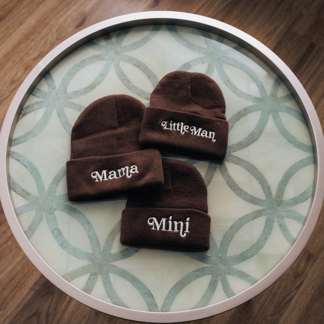 Matching Embroidered Knit Hats- Mama- Dark Brown