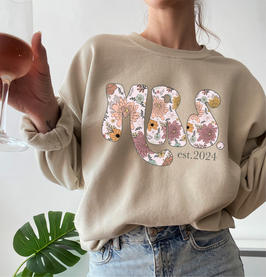 Floral Mrs. Customizable Date -  Crewneck, Hoodie, or T-Shirt
