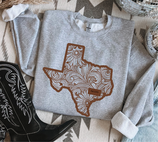 Tooled Leather State Outline with Custom Text Patch - Crewneck, Hoodie, or T-Shirt