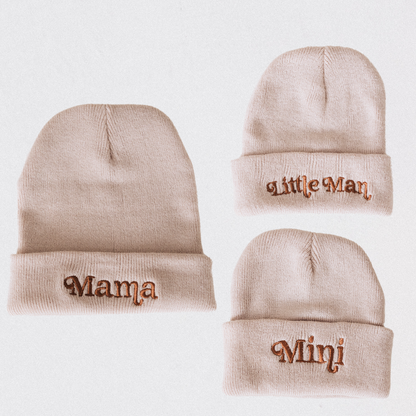 Matching Embroidered Knit Hats- Mama- Beige