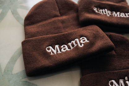 Matching Embroidered Knit Hats- Mama- Dark Brown