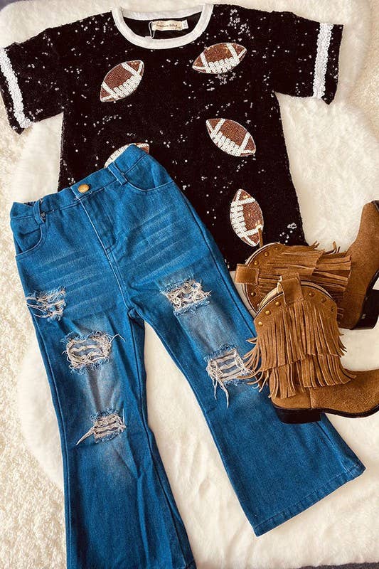 Sequin Football - Short Sleeve Youth Girls Top
