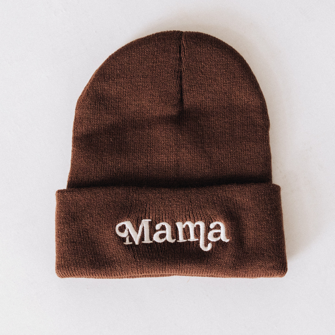 Matching Embroidered Knit Hats- Mama- Dark Brown