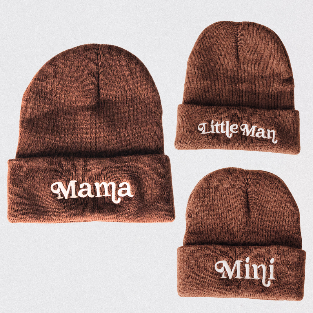 Matching Embroidered Knit Hats- Mama- Dark Brown