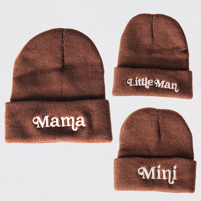 Matching Embroidered Knit Hats- Mama- Dark Brown