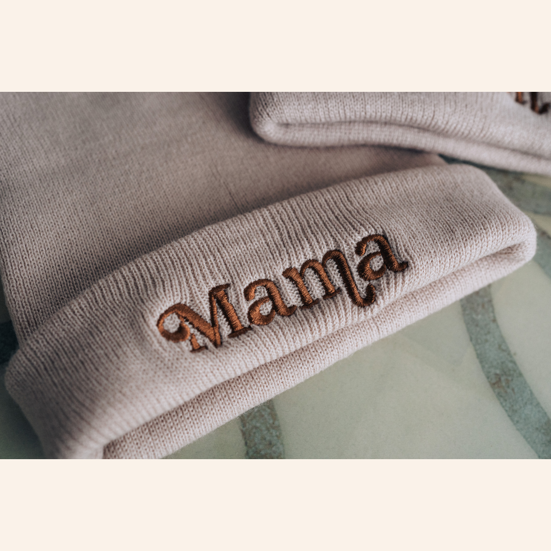 Matching Embroidered Knit Hats- Mama- Beige