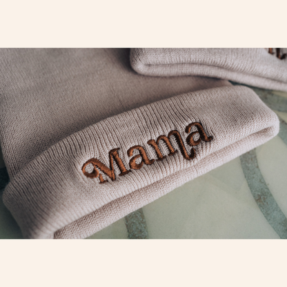 Matching Embroidered Knit Hats- Mama- Beige