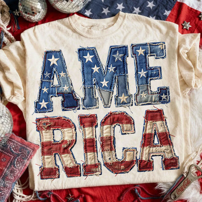 Faux Embroidered America 4th of July - Comfort Colors Tee