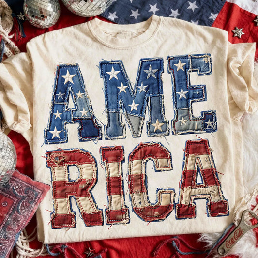 Faux Embroidered America 4th of July - Comfort Colors Tee