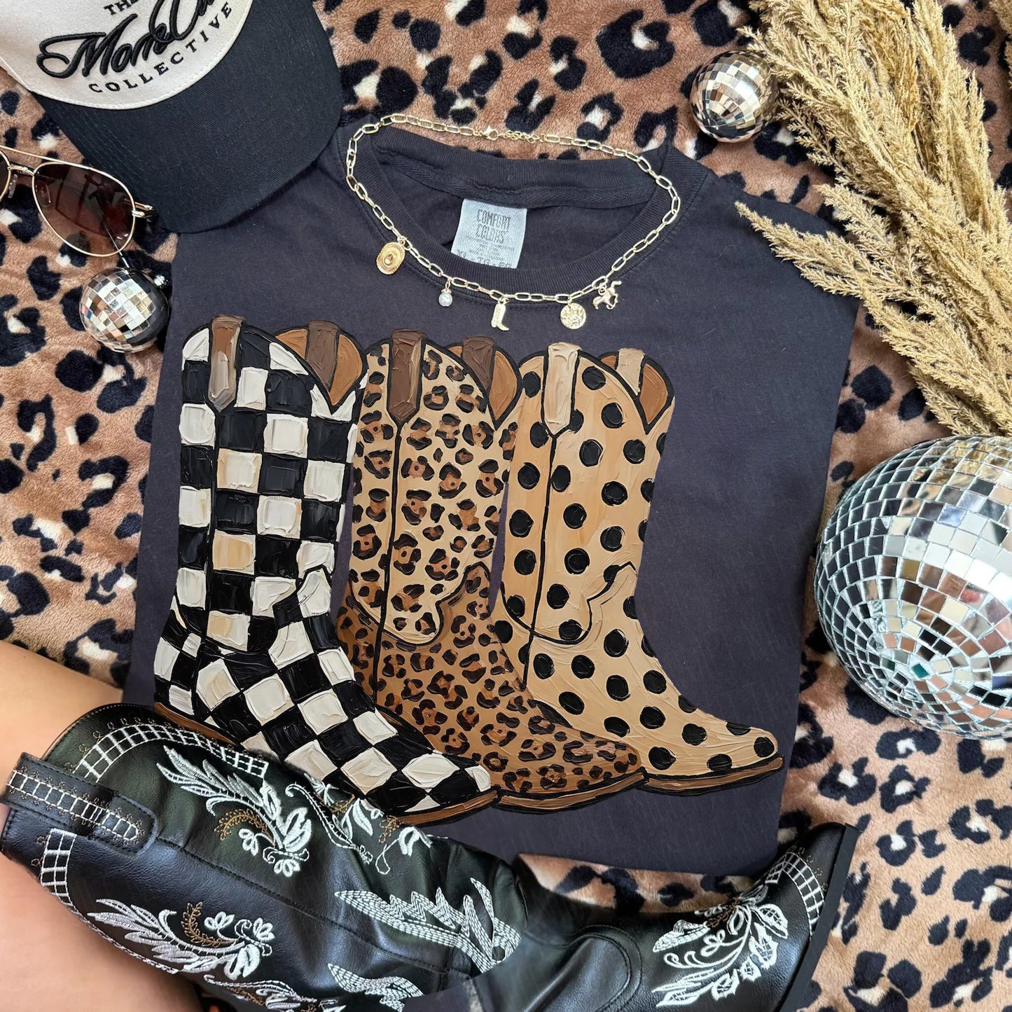 Checkered Leopard Cowboy Boots - Comfort Colors Tee