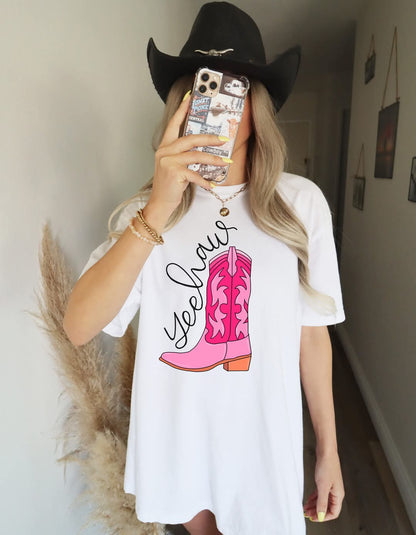 Yeehaw Pink Cowboy Boot -  Crewneck, Hoodie, or T-Shirt