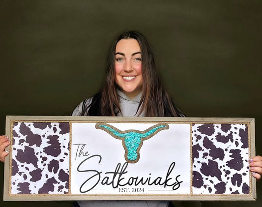 Custom Faux Cowhide and Turquoise Wood Sign Decor