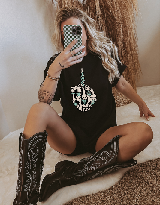Turquoise Skeleton Middle Finger -  Crewneck, Hoodie, or T-Shirt