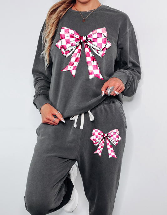 Pink Checkered Bow, Comfort Colors Matching Set - Multiple Colors